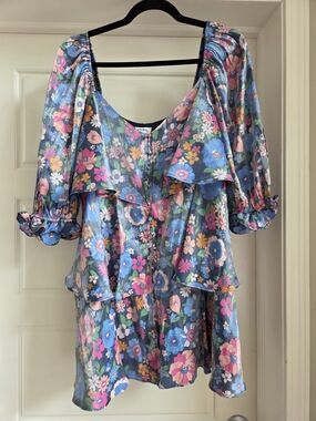 Storia/Buckle Floral Ruffled Puff Sleeve Dress With A Sheen